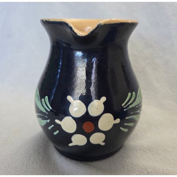 Vintage French Dark Blue Pottery Milk Pitcher Floral Vase Blue White - Picture 2 of 11